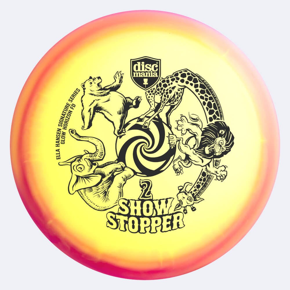 Discmania FD - Show Stopper 2 Ella Hansen Signature Series in pink-yellow, color glow horizon c-line plastic and glow effect Discmania FD - Show Stopper 2 Ella Hansen Signature Series in pink-yellow, color glow horizon c-line plastic and glow effect