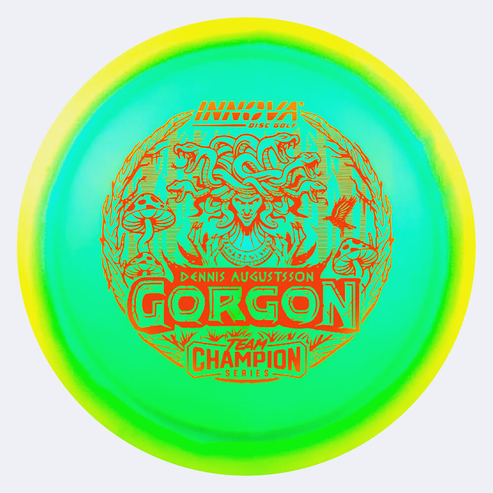 Innova Gorgon Dennis Augustsson Tour Series in green, halo champion proto glow plastic and glow effect