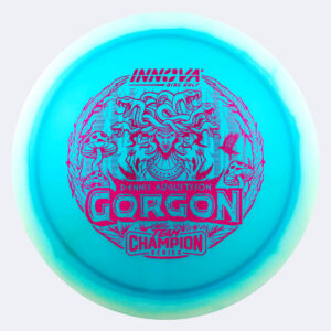 Innova Gorgon Dennis Augustsson Tour Series in white-blue, halo champion proto glow plastic and glow effect
