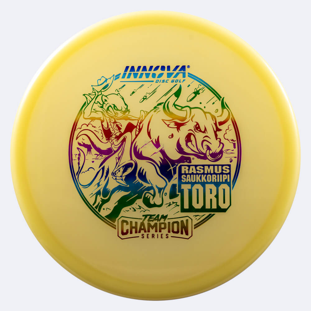 Innova Toro Rasmus Saukkoriipi Tour Series in yellow, proto glow champion plastic and glow effect