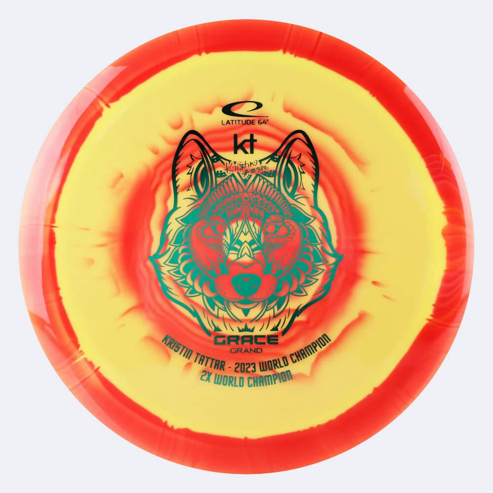 Latitude 64° Grace Kristin Tattar 2023 World Champion in yellow-orange, grand orbit plastic Latitude 64° Grace Kristin Tattar 2023 World Champion in yellow-orange, grand orbit plastic